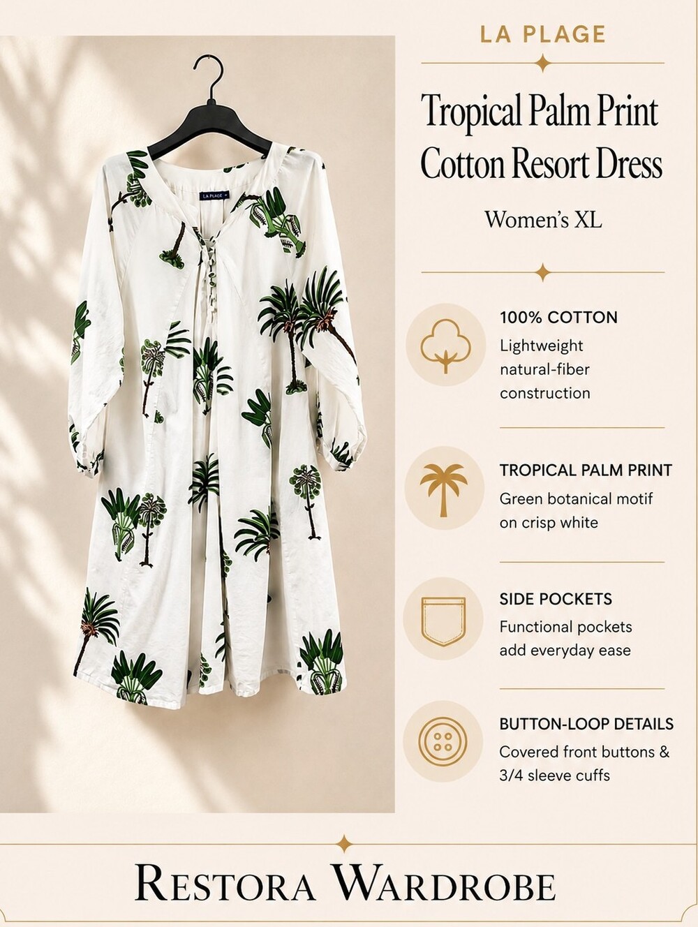 La Plage Tropical Palm Print Cotton Tunic Dress XL Pockets Resort